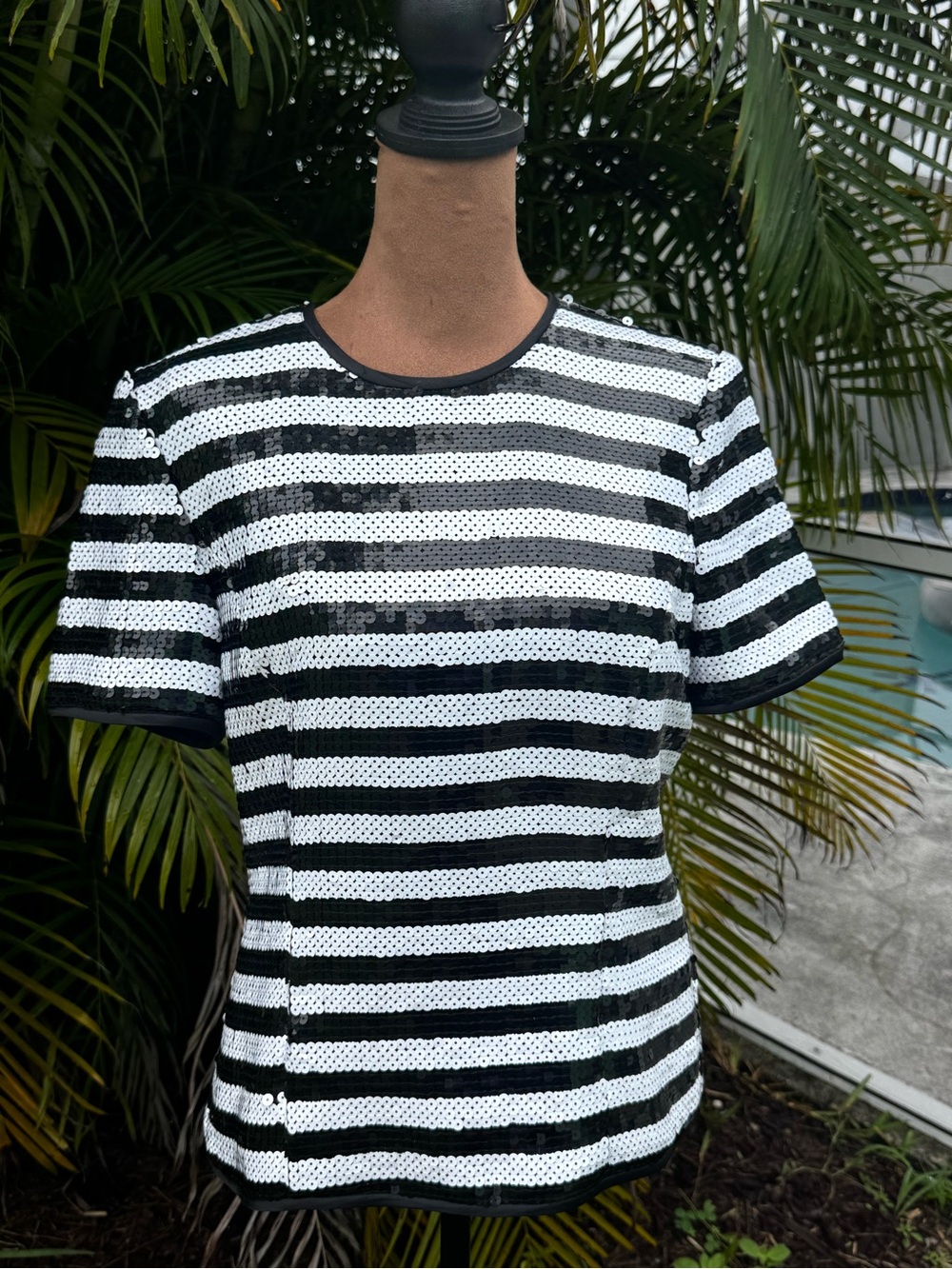 Vintage 80s Chetta B Evening black and white sequin striped top size 8